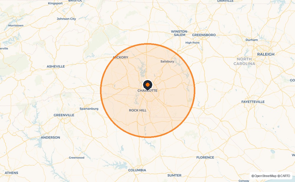 Map showing the approximate 50-mile Renov8 service radius around Charlotte, North Carolina