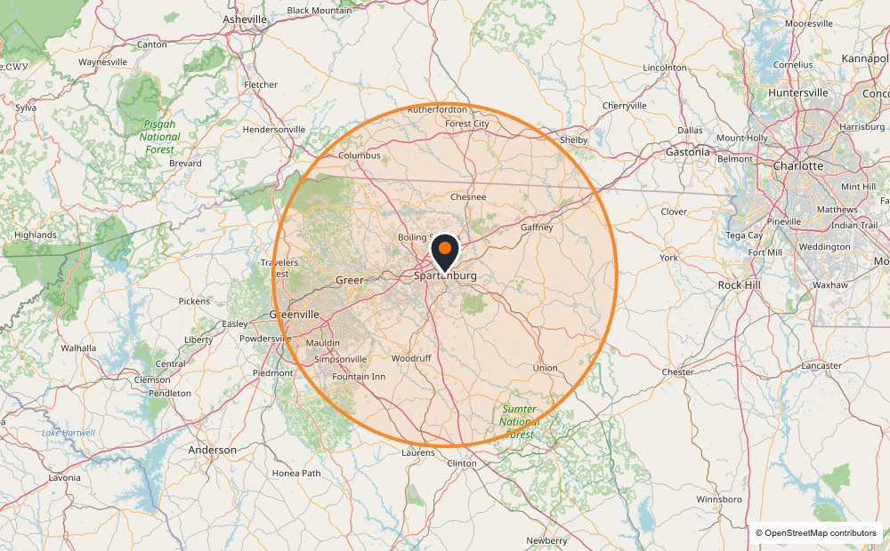 Map showing Renov8 service coverage within approximately 30 miles of Spartanburg, SC